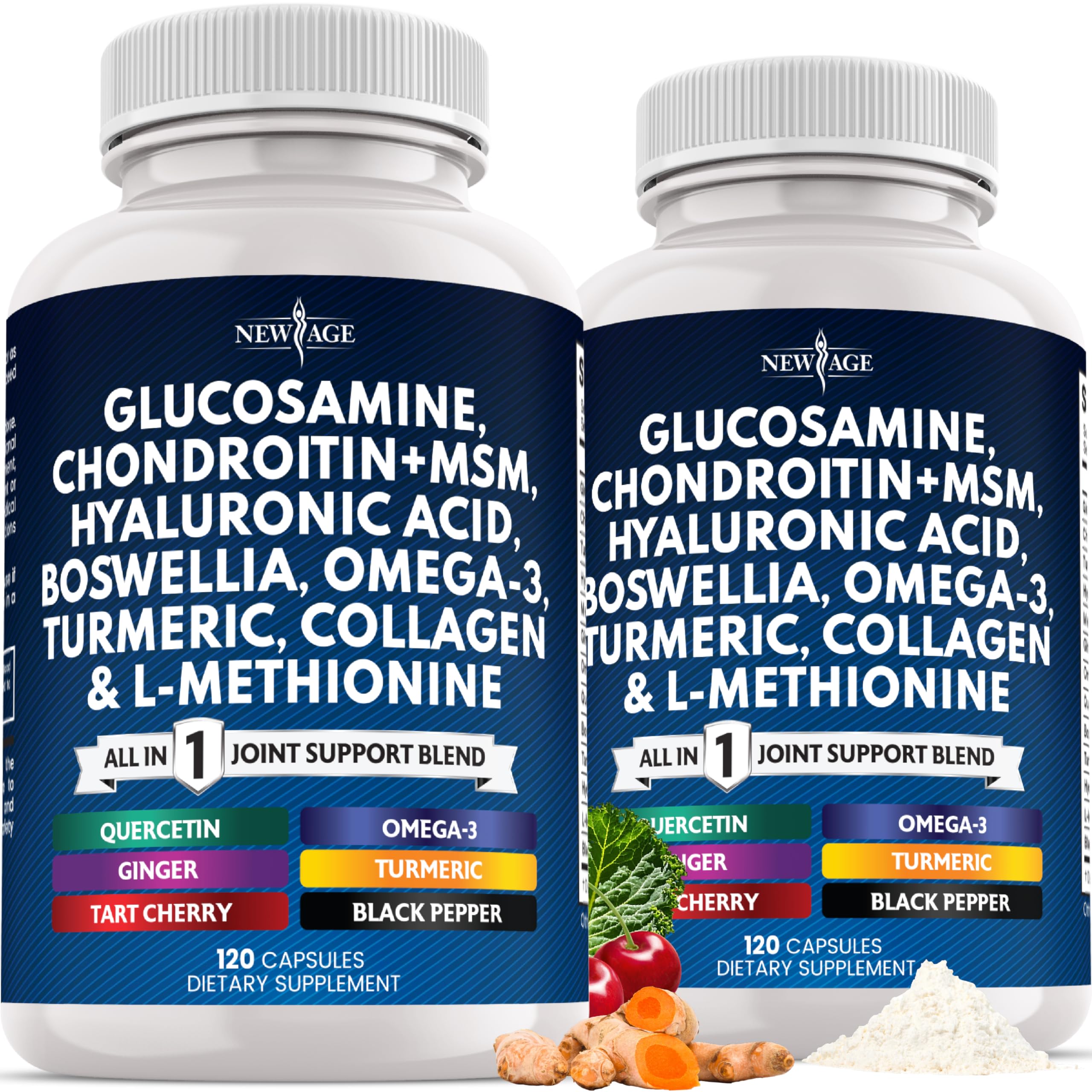NEW AGE Glucosamine Chondroitin MSM bottle label highlighting an all-in-one joint support formula.