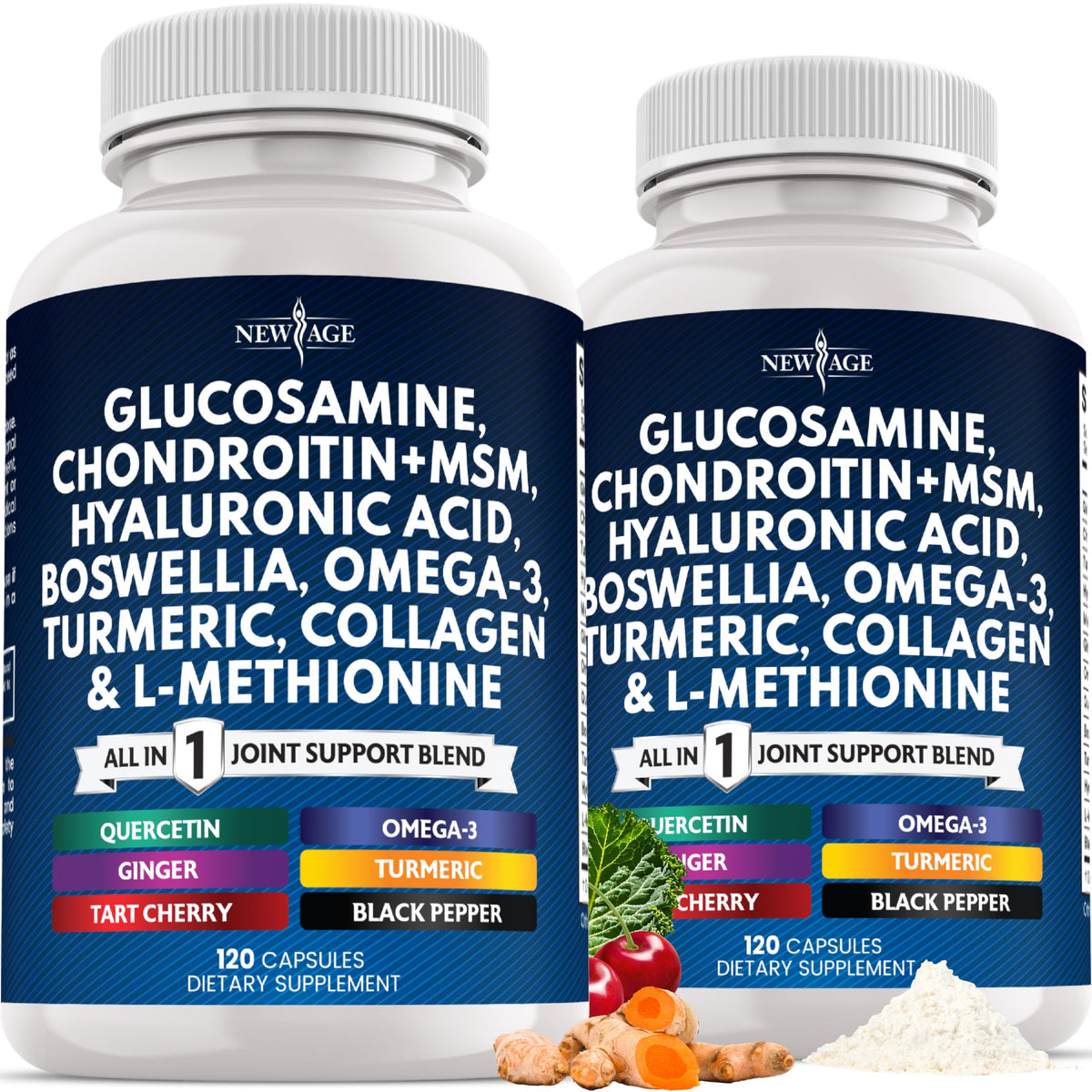 NEW AGE Glucosamine Chondroitin MSM bottle label highlighting an all-in-one joint support formula.