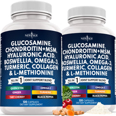 NEW AGE Glucosamine Chondroitin MSM bottle label highlighting an all-in-one joint support formula.