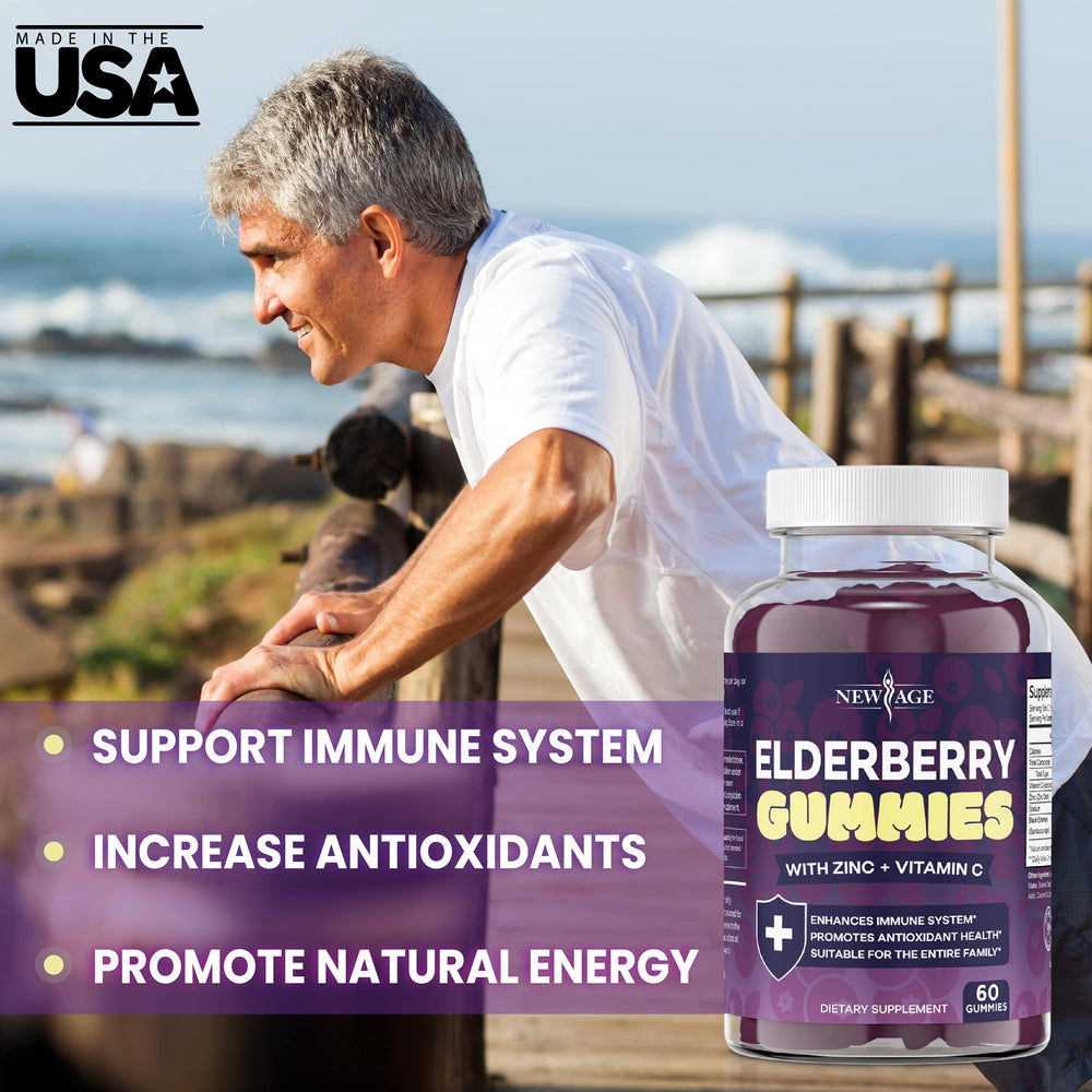 NEW AGE gluten-free vegetarian elderberry gummies packaging highlights ingredients.