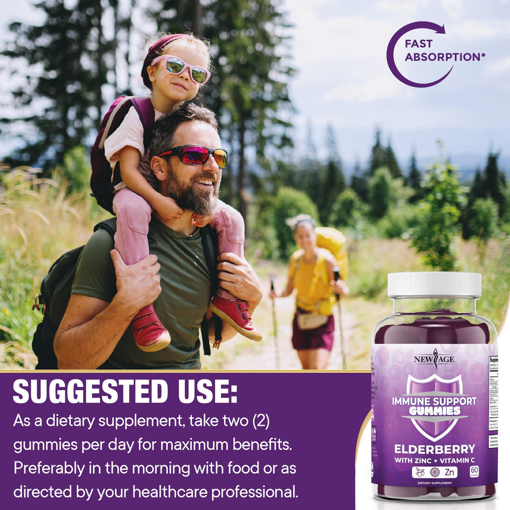 Icons illustrate elderberry, vitamin C, and zinc ingredients.