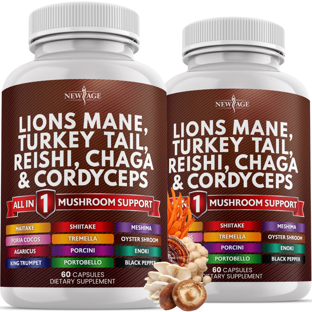NEW AGE Lions Mane bottle pour, showing a versatile 20-in-1 blend for daily focus.