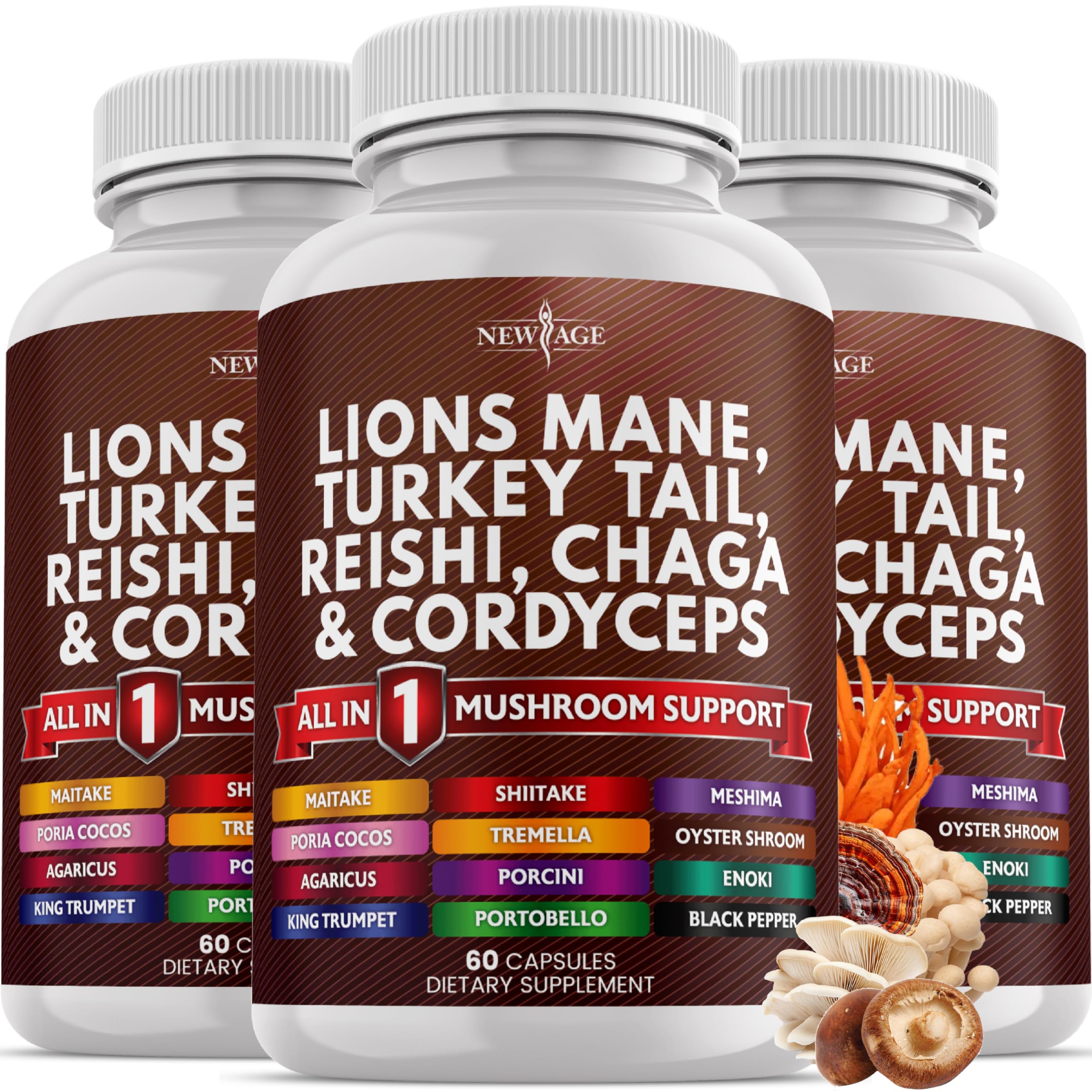 NEW AGE Lions Mane supplement bottle shows daily focus and wellness potential.