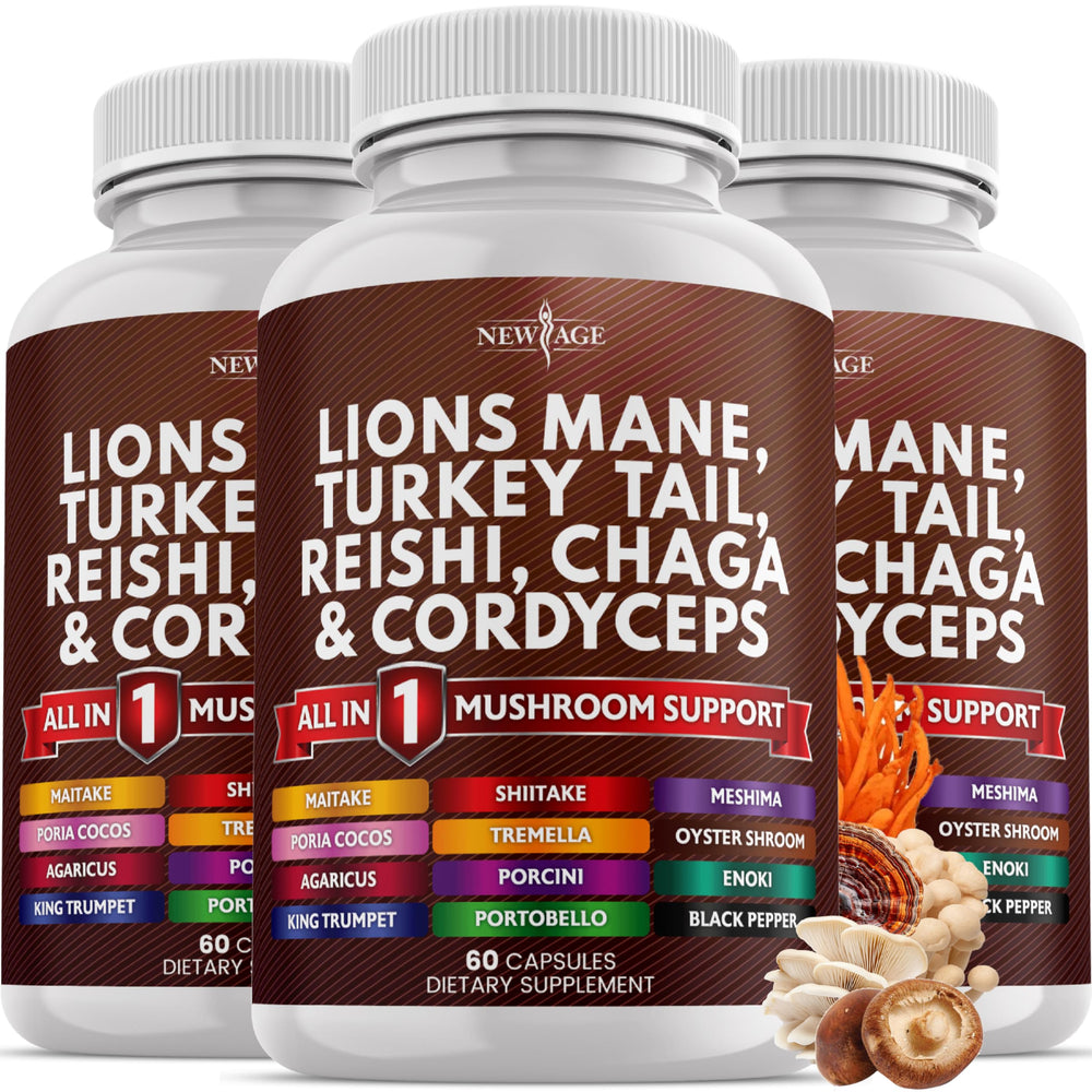 NEW AGE Lions Mane supplement bottle shows daily focus and wellness potential.