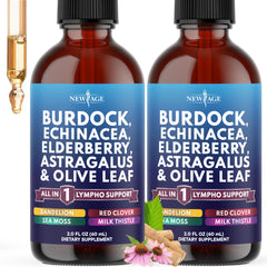 NEW AGE Lymphatic Drops bottle on a neutral surface for daily wellness.