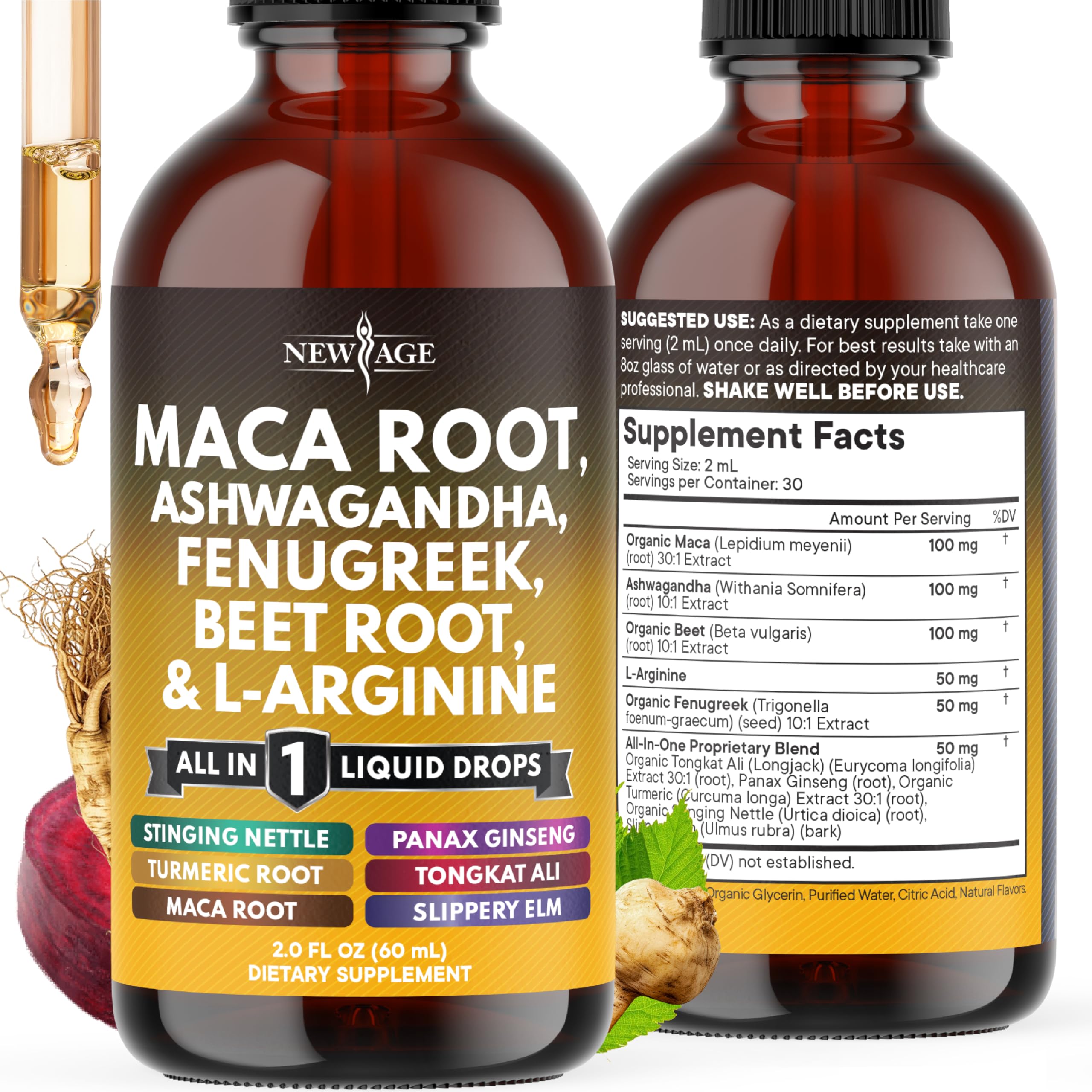 NEW AGE Maca-root liquid drops bottle with Ashwagandha for daily energy support.