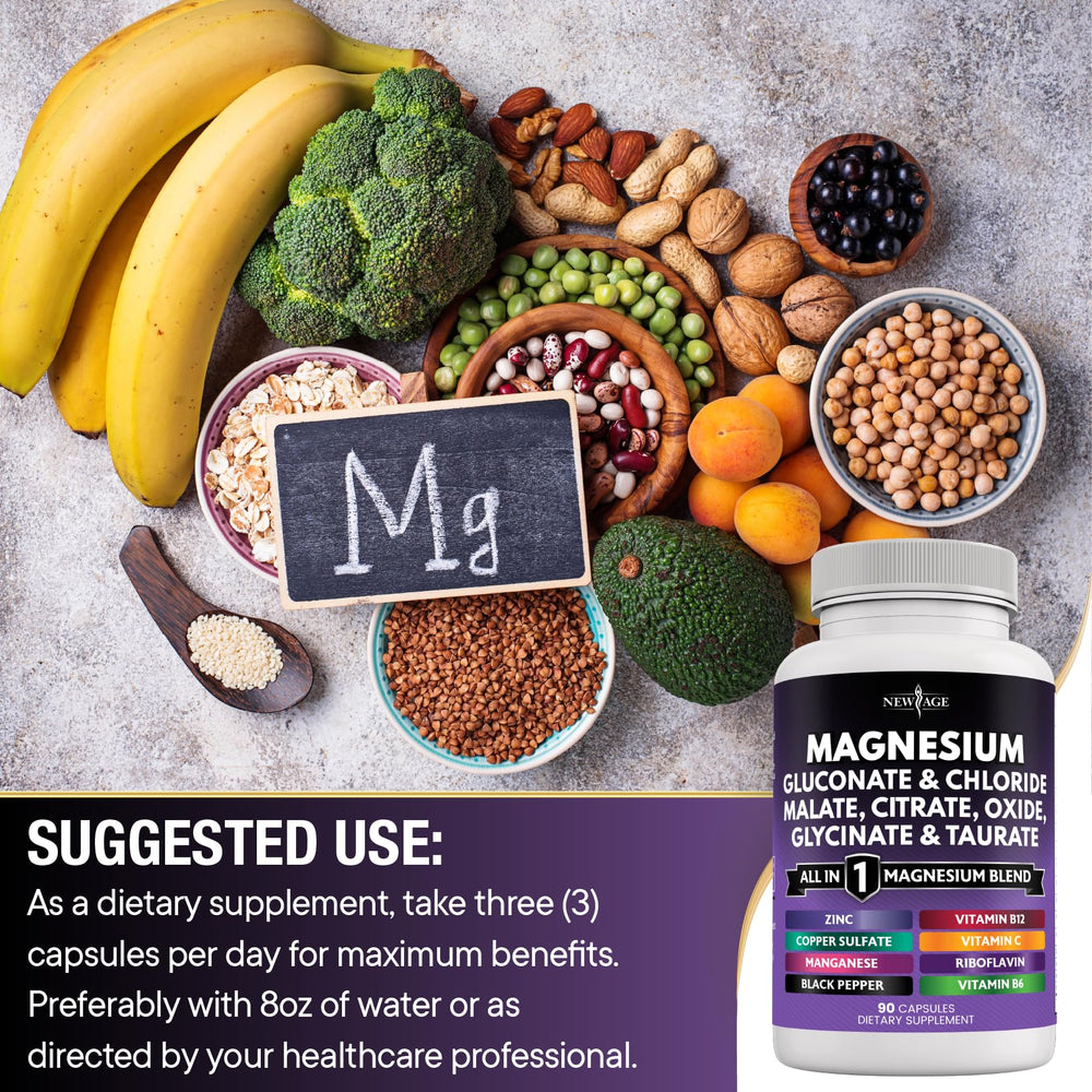 NEW AGE Magnesium Complex daily dose viewer highlights dosage guidance.