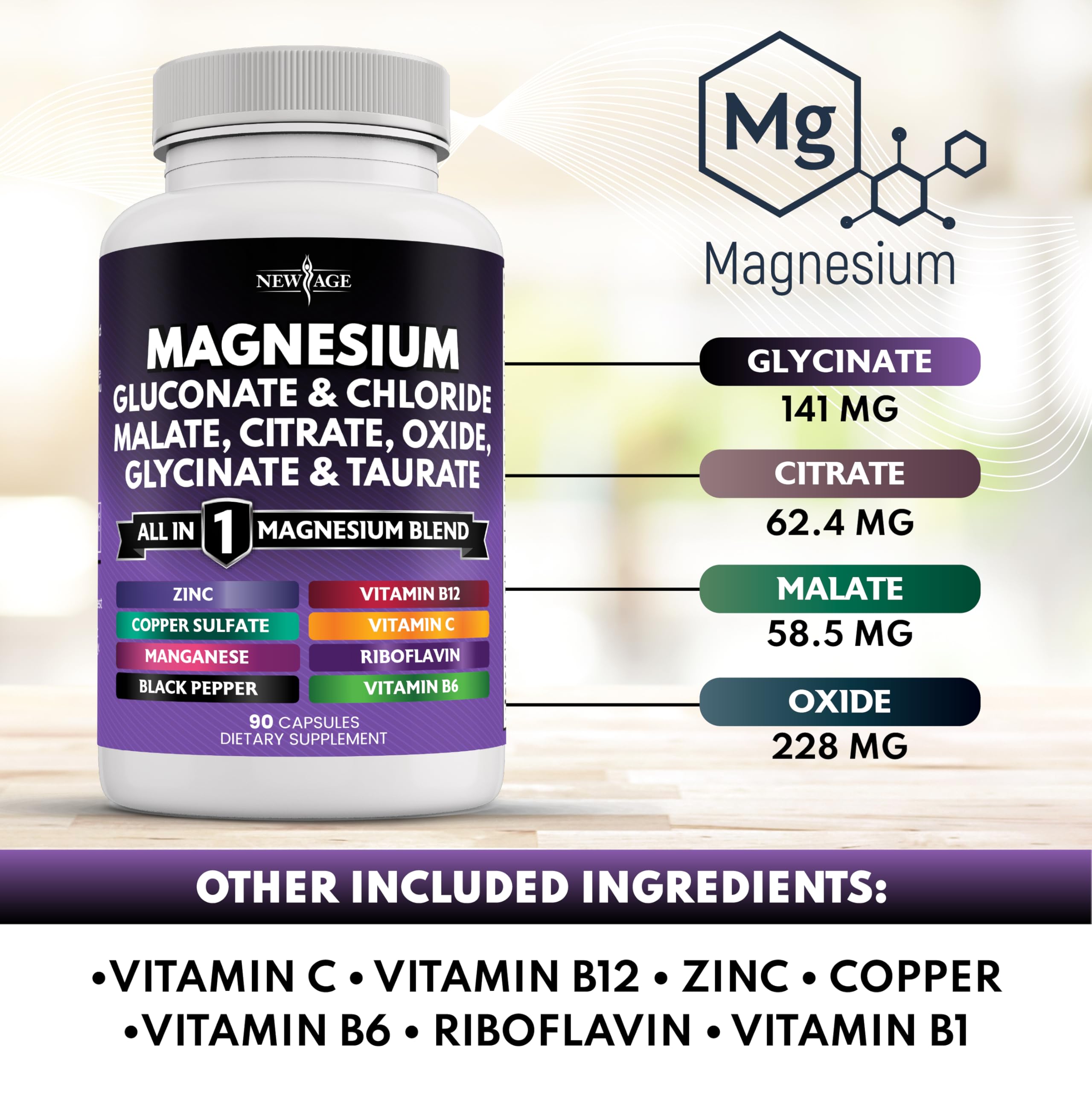 NEW AGE Magnesium Malate capsules support energy metabolism and muscle function.