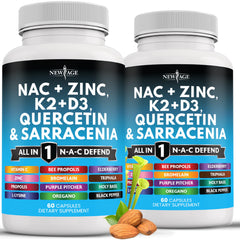NEW AGE NAC bottle closeup with capsules for daily wellness support.