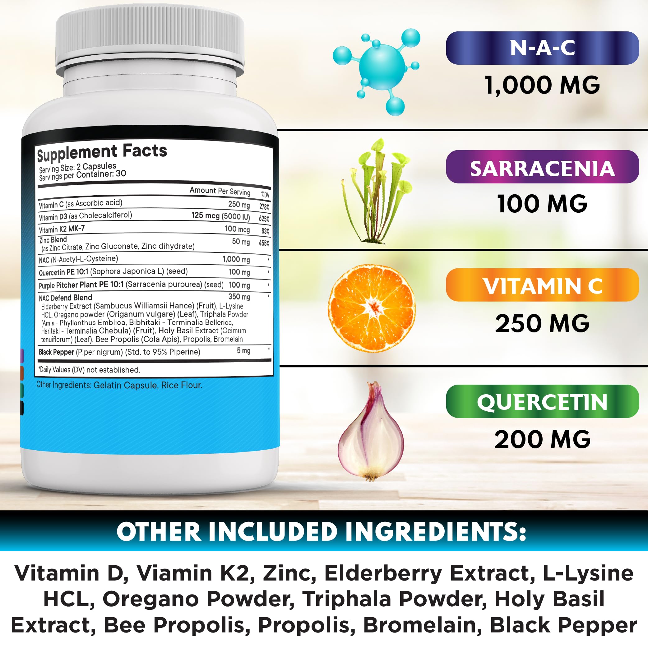 NEW AGE NAC ingredients chart highlights D3, K2, zinc.
