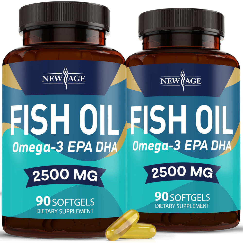 NEW AGE Omega 3 fish oil bottle promotes everyday joint and brain support