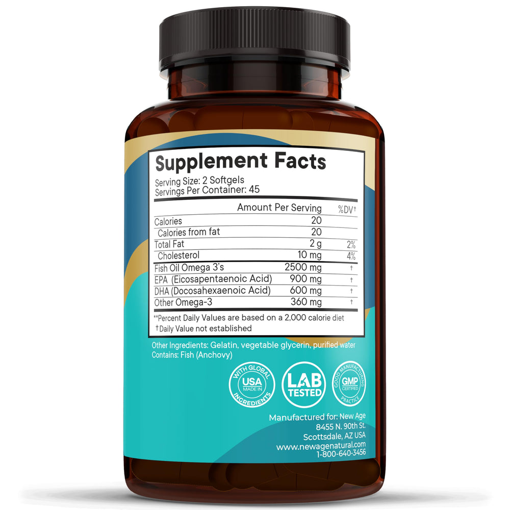 Lab-tested seal on NEW AGE Omega 3 for purity and potency