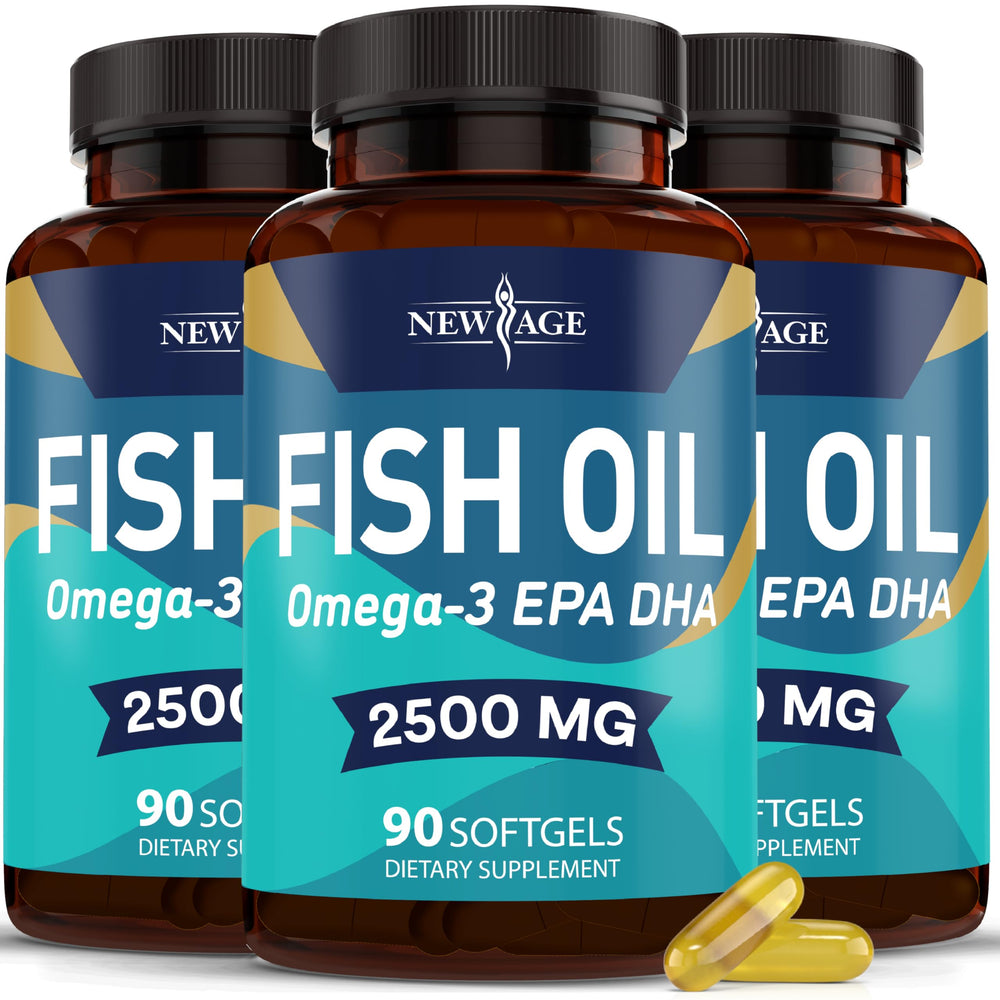 NEW AGE Omega 3 bottle, visual focus on bottle, may support daily joint and brain wellness