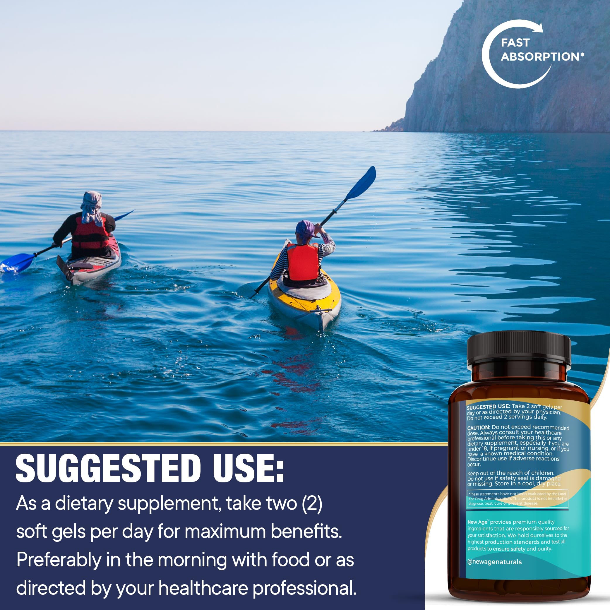 NEW AGE Omega 3 ingredients panel, highlights EPA and DHA levels