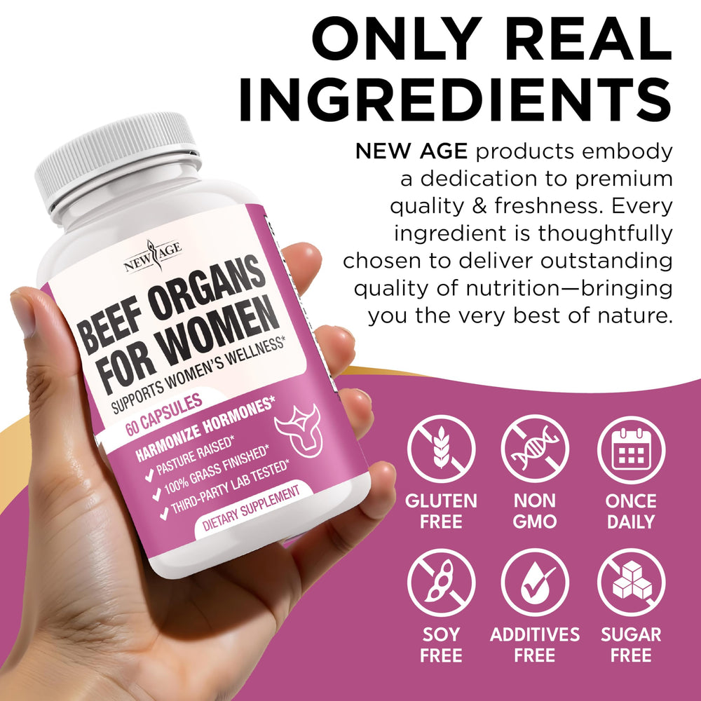NEW AGE organ blend nutrition close-up shows liver and heart components.
