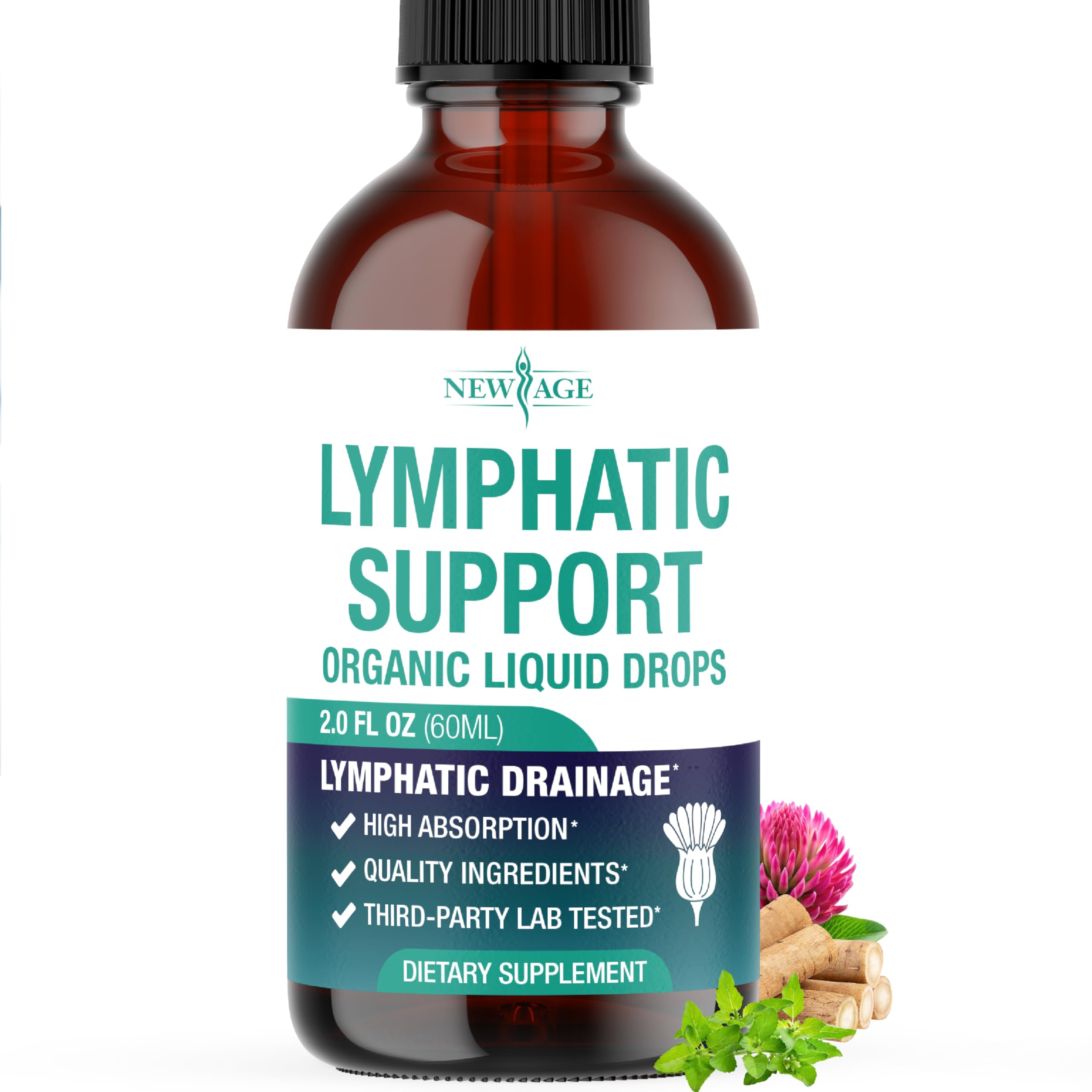 New Age Organic Lymphatic Drainage Drops bottle on table, suggesting natural wellness benefits