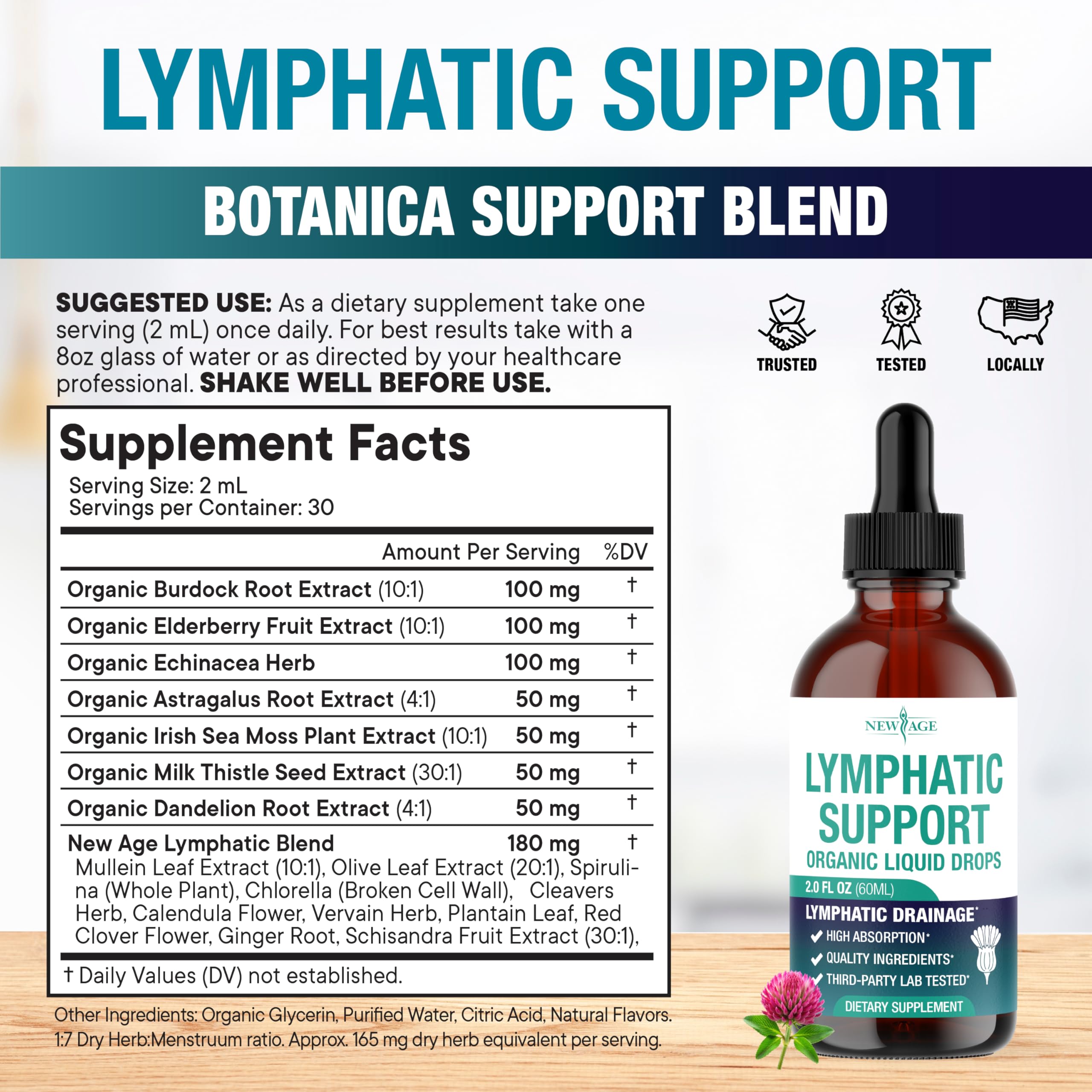 Herbal components around New Age Lymphatic Drops bottle for a botanical blend