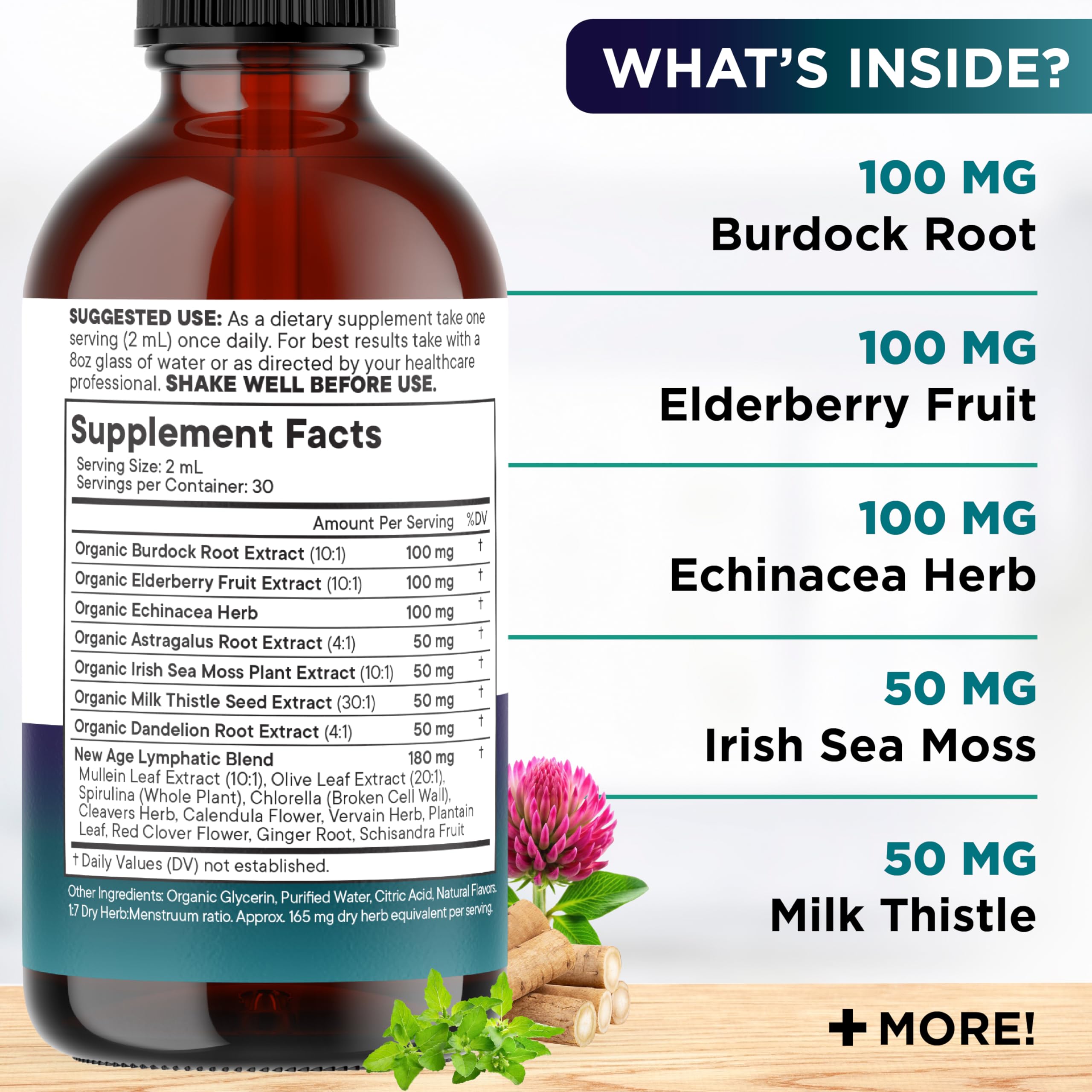 Close-up of New Age Lymphatic Drops label emphasizing organic ingredients