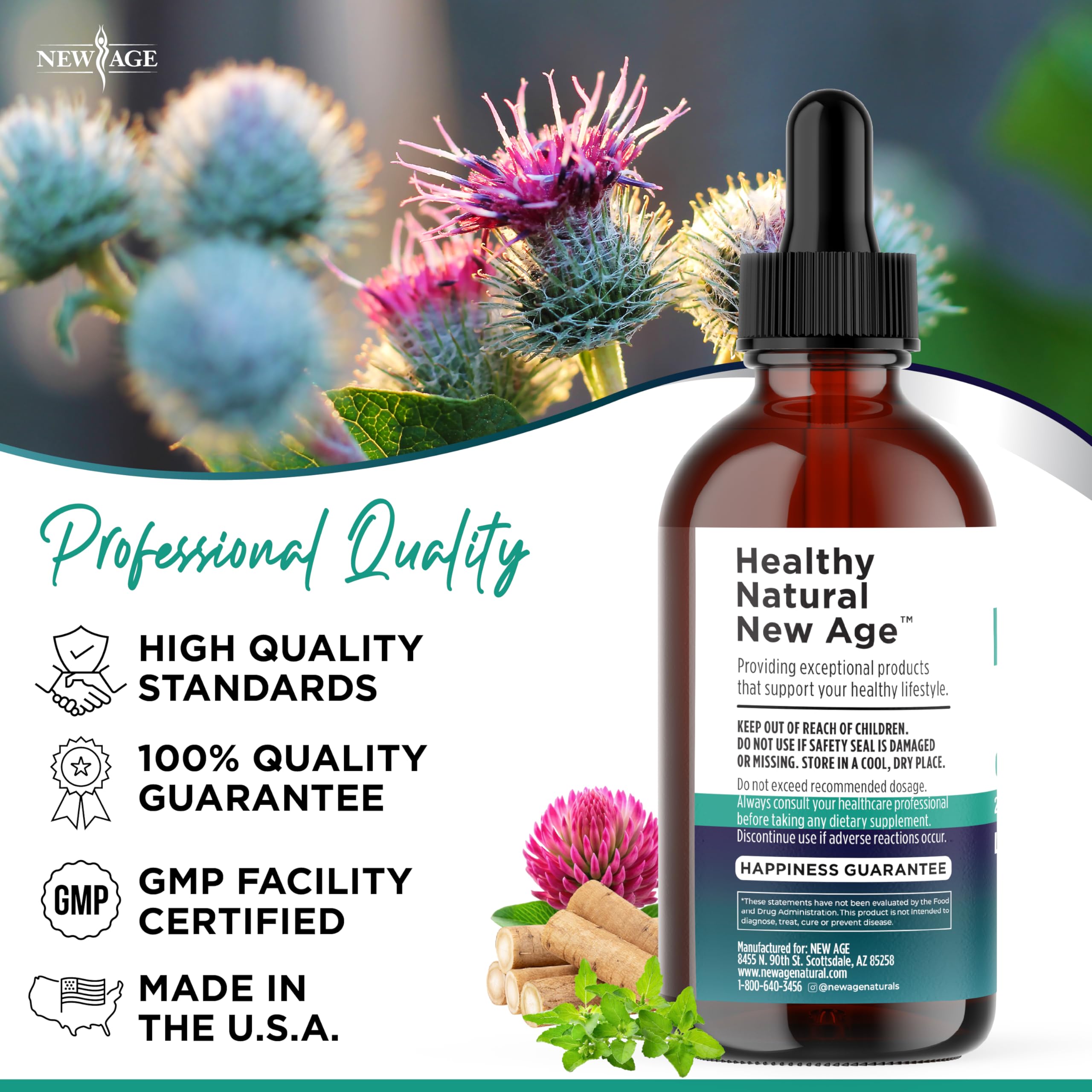 Packaging of New Age Organic Lymphatic Drainage Drops showing vegan and non-GMO quality