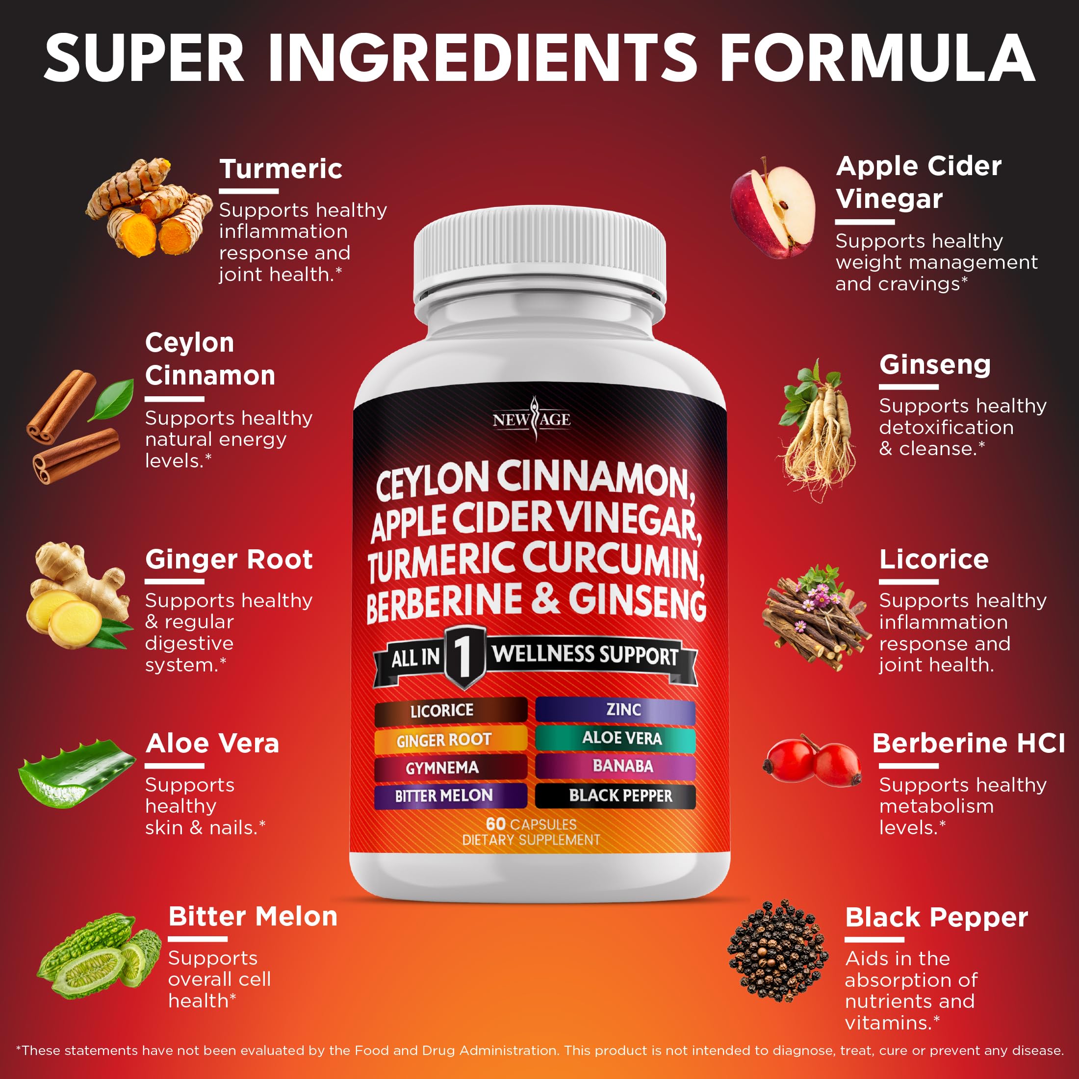 New Age panax ginseng berberine cinnamon bottle highlighting a multitask formula