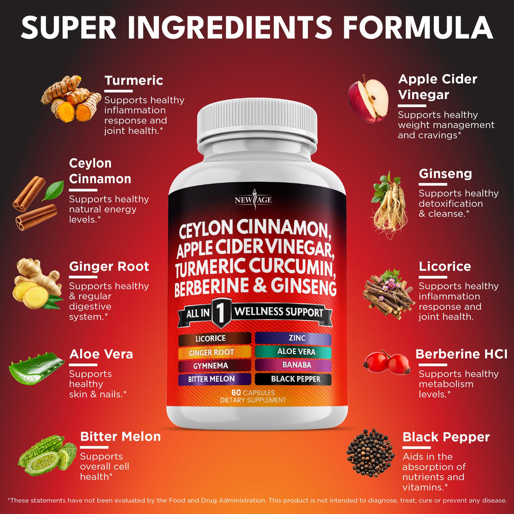 New Age panax ginseng berberine cinnamon bottle highlighting a multitask formula
