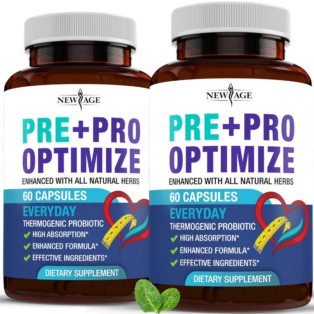 NEW AGE Pro Optimize bottle front view for menopause support and gut health.