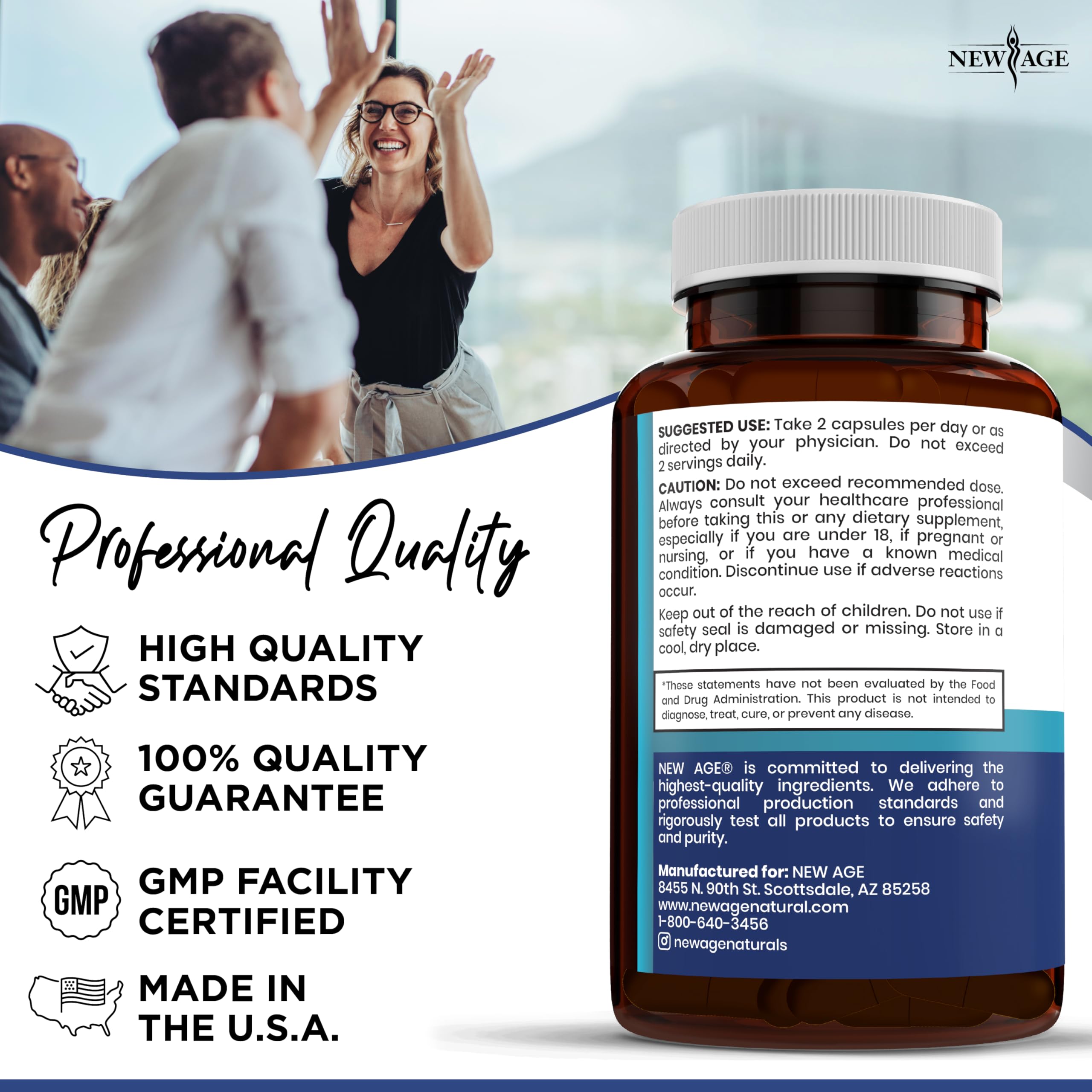 NEW AGE Pro Optimize scene with capsules and water glass for daily routine.
