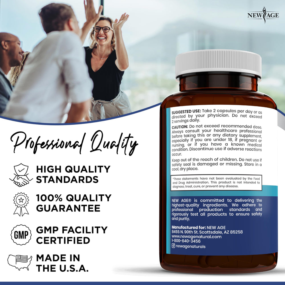 NEW AGE Pro Optimize scene with capsules and water glass for daily routine.