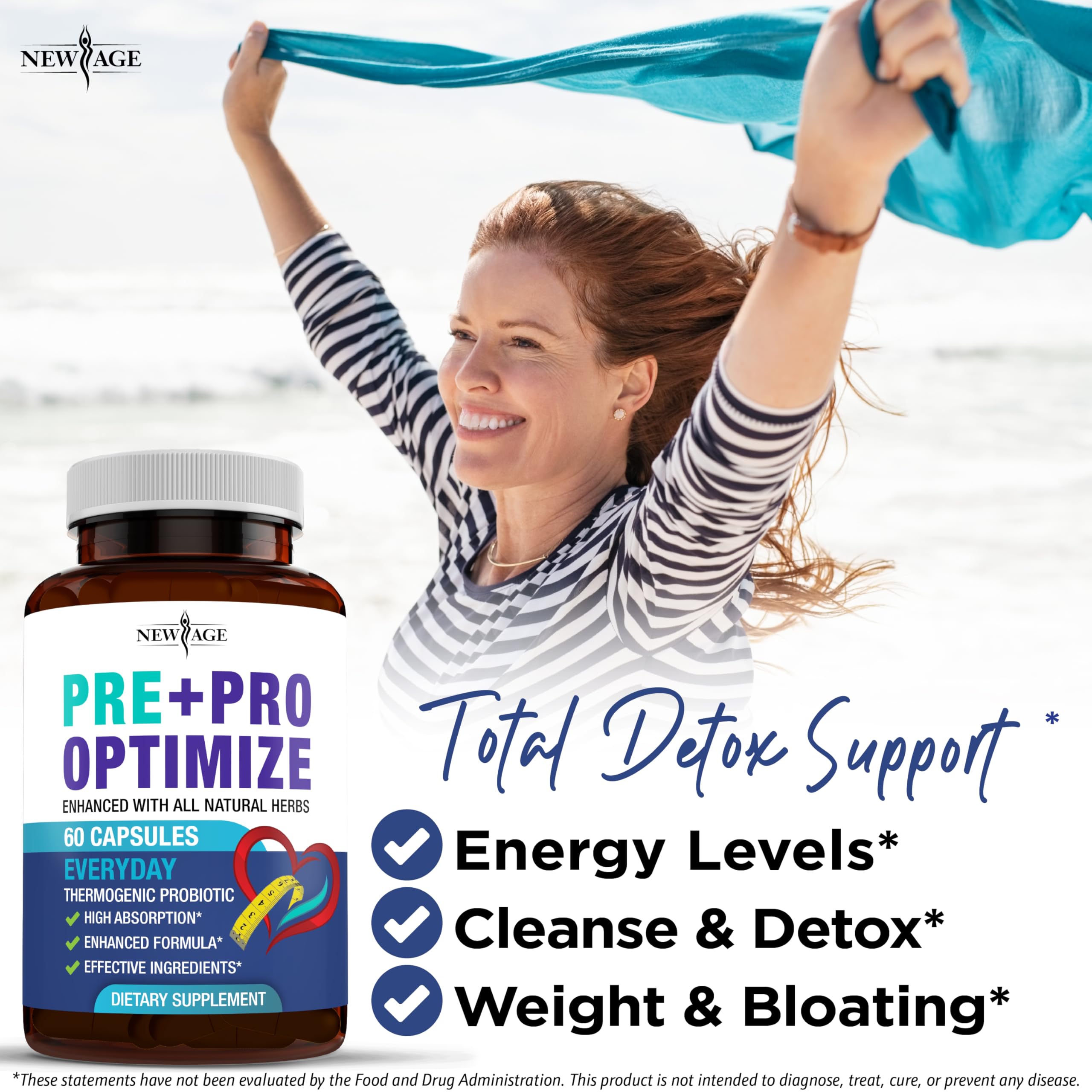 New Age probiotic bottle indicating 70B CFU per serving for balance