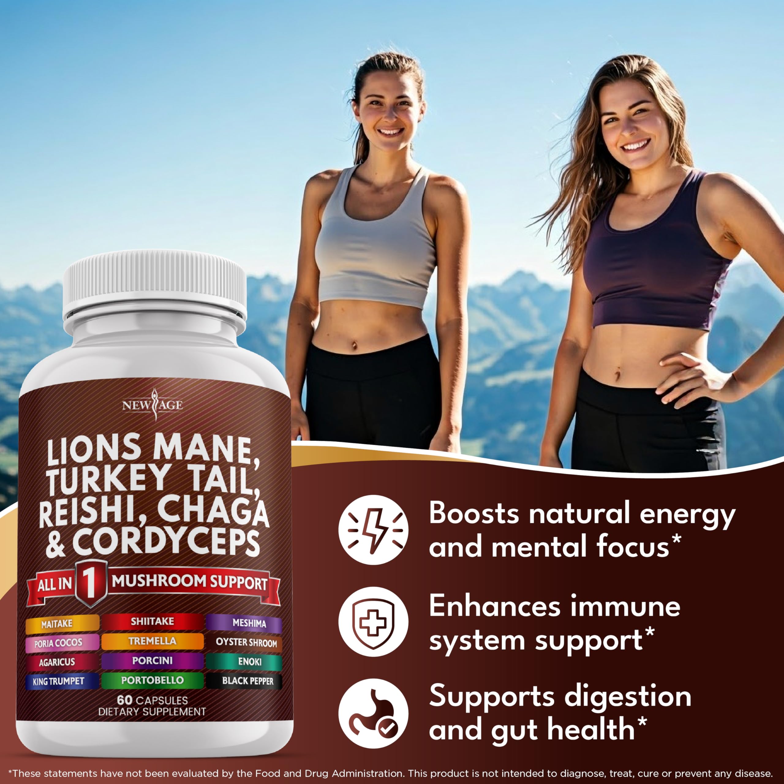 NEW AGE reishi and chaga capsules on clean background for holistic daily wellness.