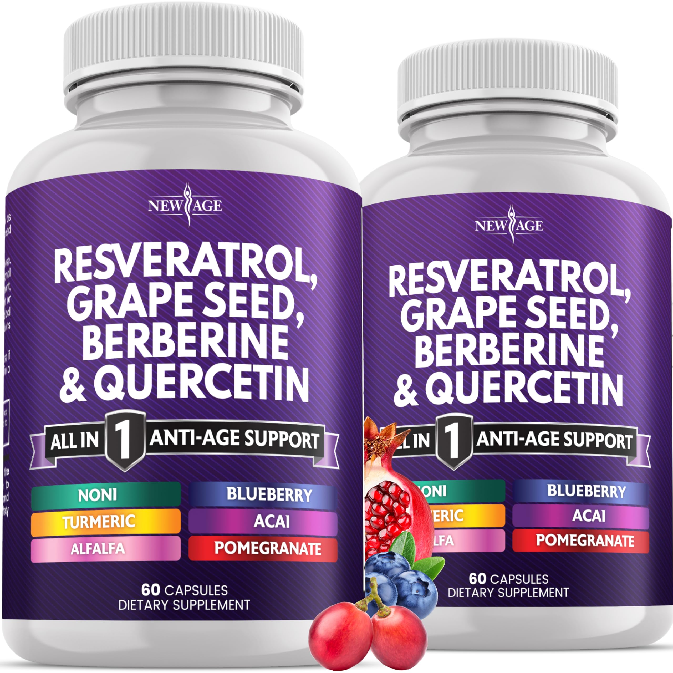 NEW AGE resveratrol-berberine-grape-seed capsules bottle supports daily wellness.