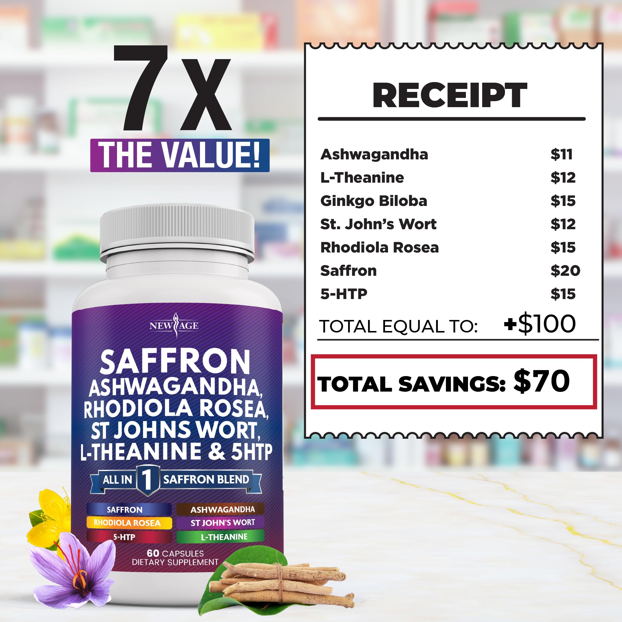 New Age saffron bottle pour demonstrates convenient daily dose.