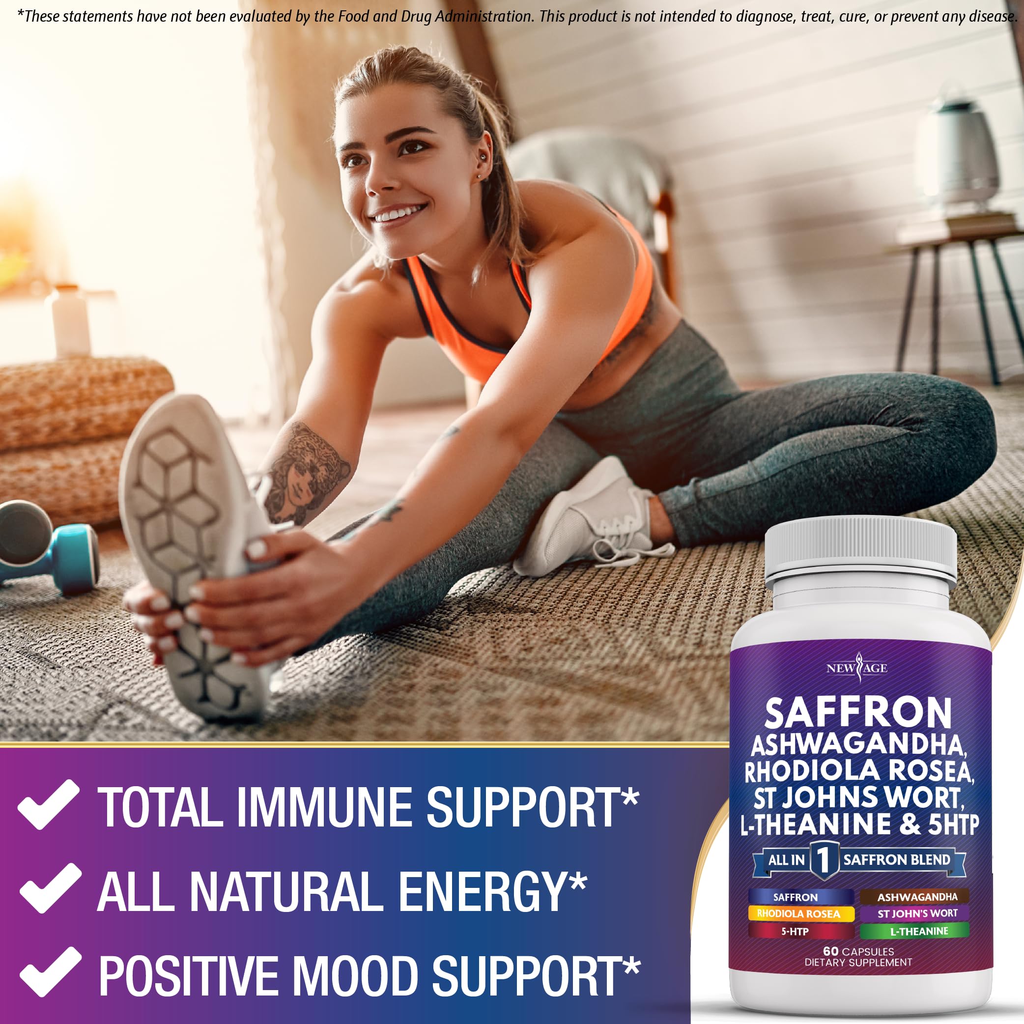 New Age saffron ingredients list shows adaptogenic blend for resilience.