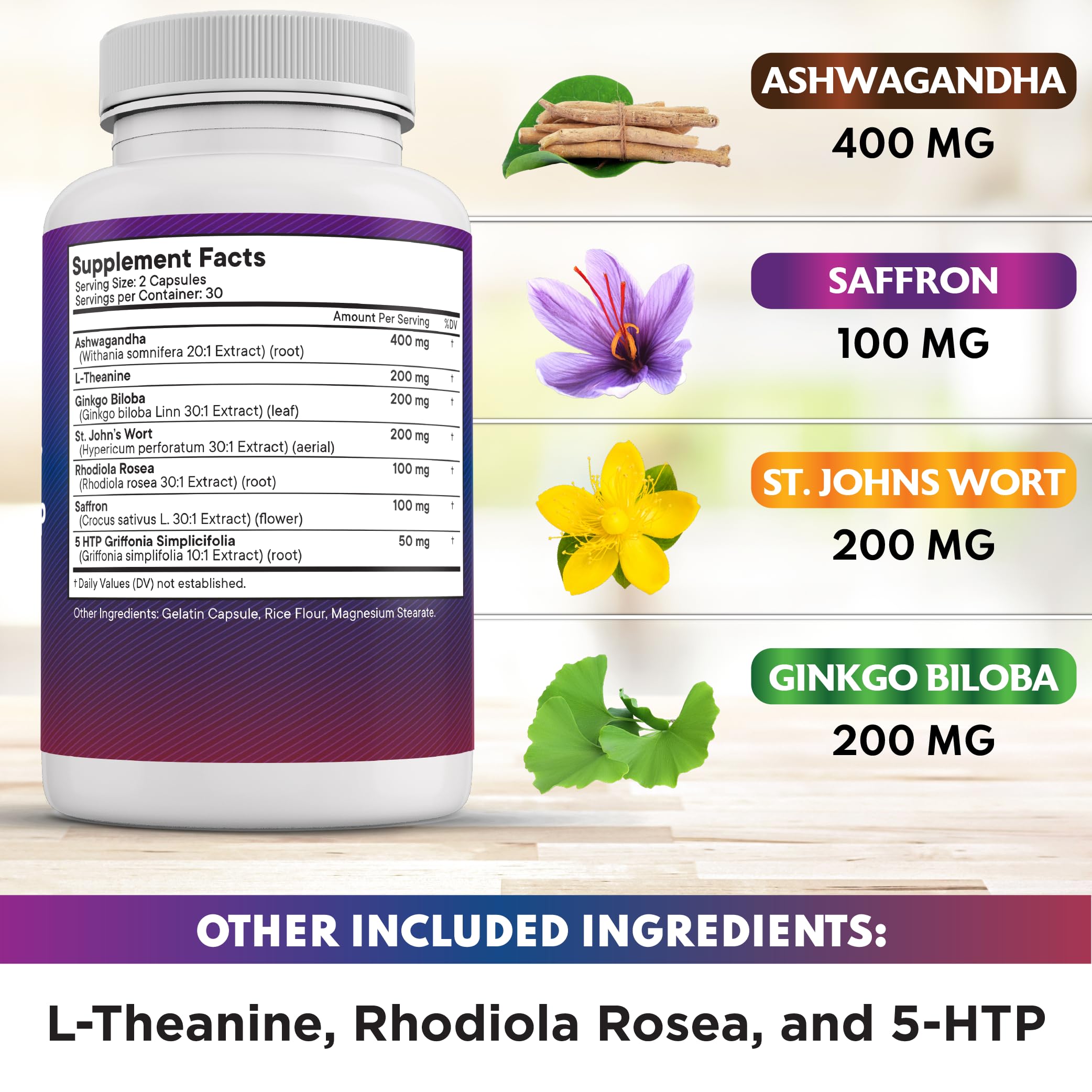New Age saffron label highlights botanical blend for stress response and daily balance.