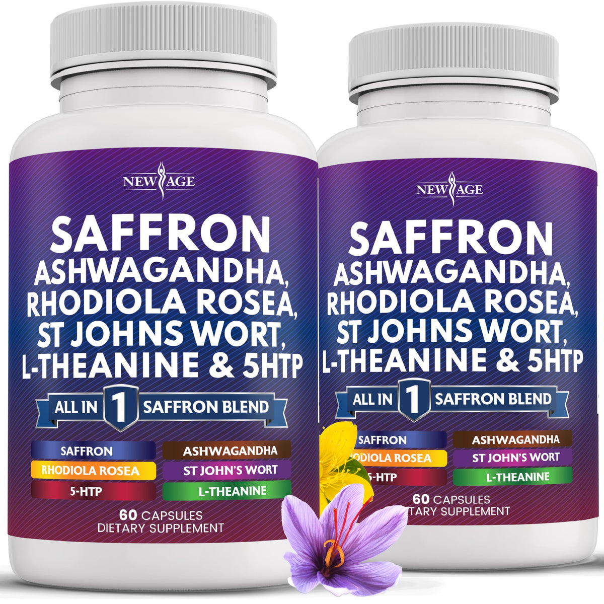 New Age saffron supplement bottle highlighting mood-support capsules.