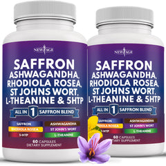 New Age saffron supplement bottle highlighting mood-support capsules.