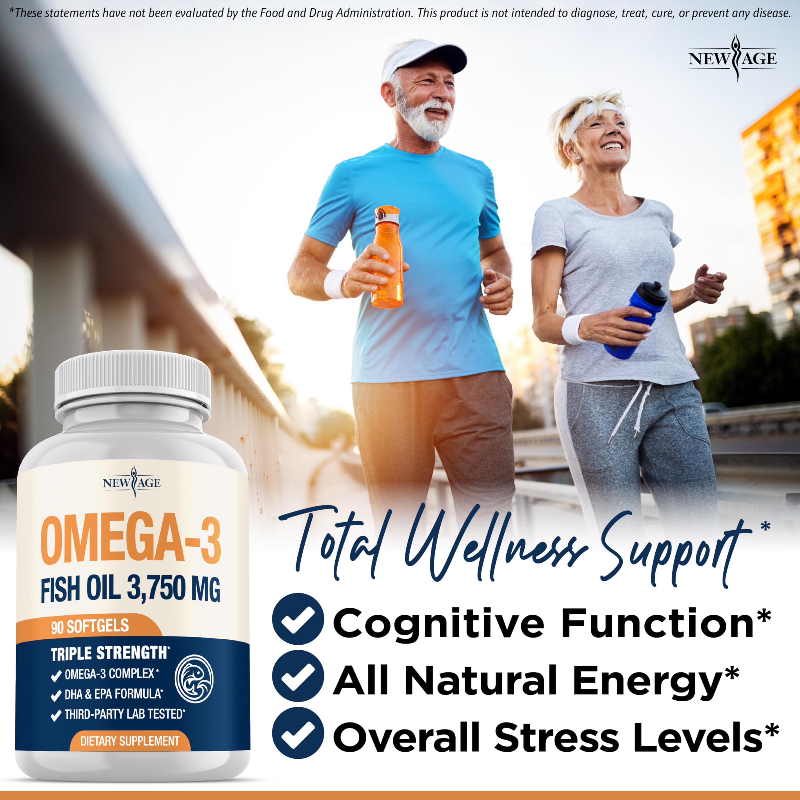 NEW AGE Omega 3 bottle front — 270 count bottle for a month.