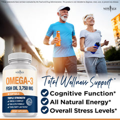 NEW AGE Omega 3 bottle front — 270 count bottle for a month.