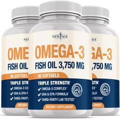 NEW AGE Triple Strength Omega 3 bottle pour — burpless softgels for smooth intake.