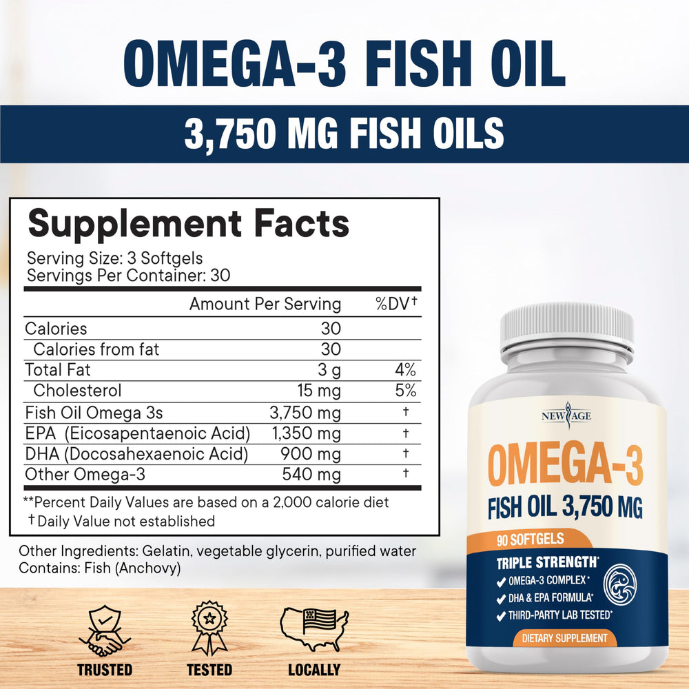 NEW AGE Omega 3 label detail — molecular distillation purification for purity.