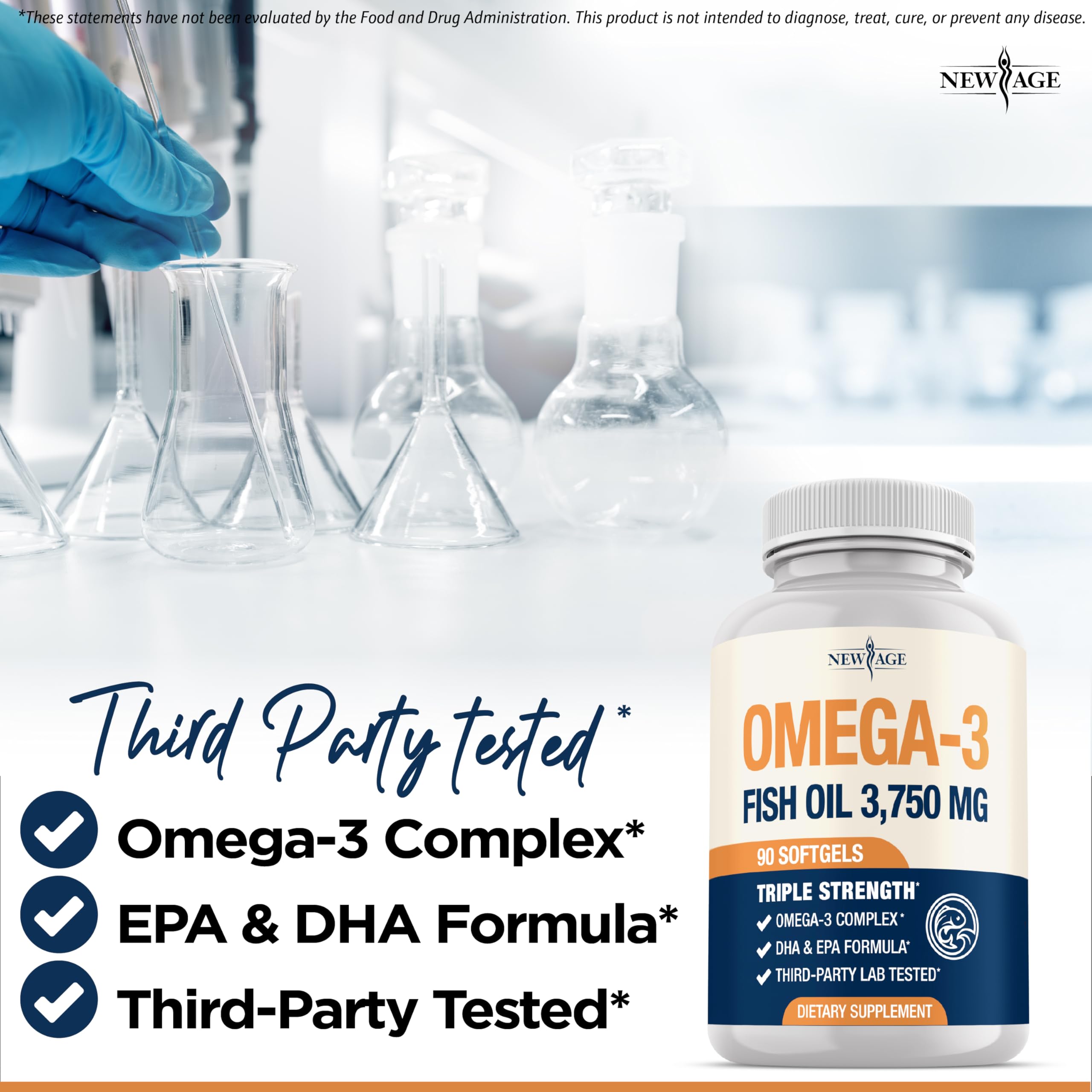 NEW AGE packaging box — clear label with EPA/DHA amounts for informed choice.