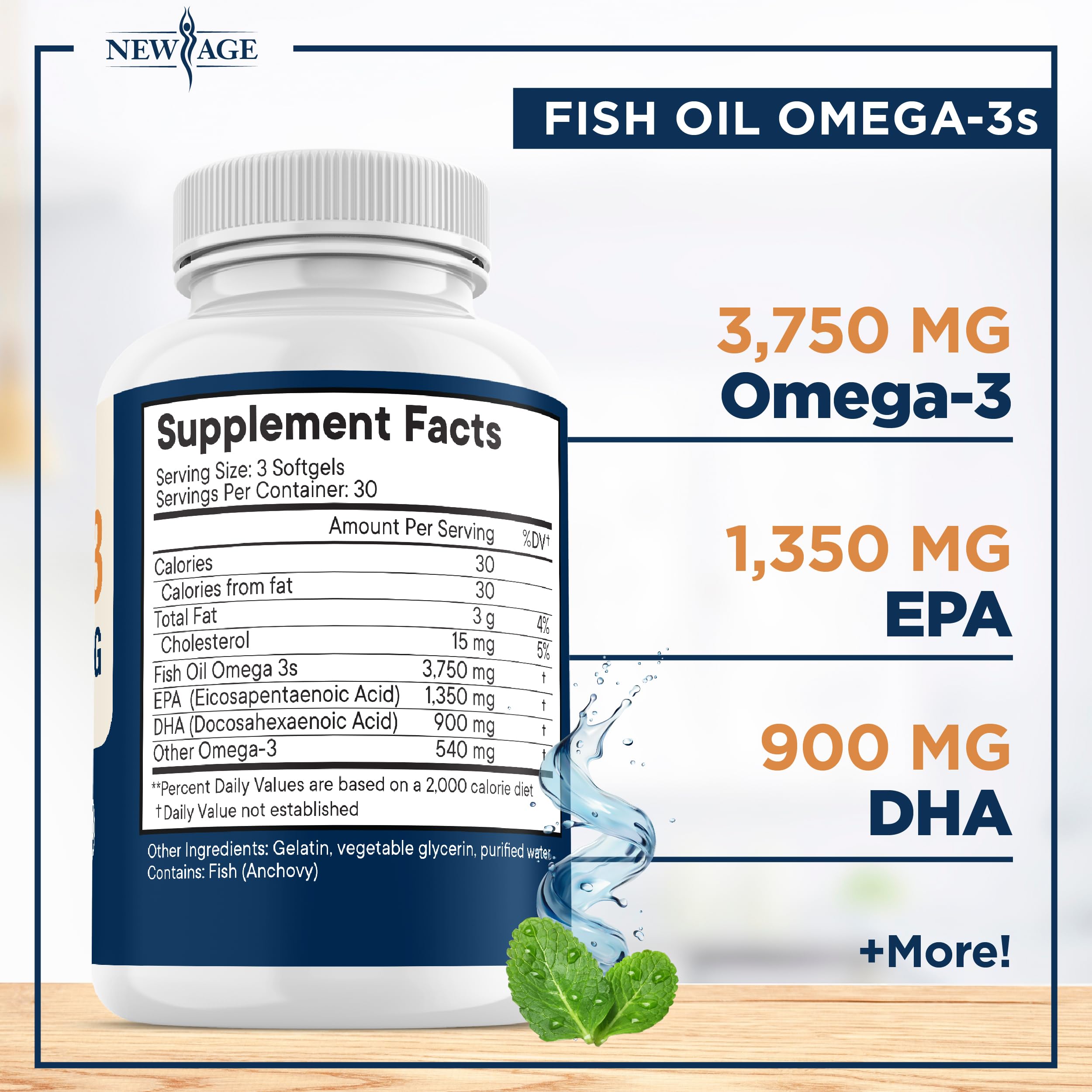 NEW AGE Omega 3 softgels closeup — high EPA and DHA support daily wellness.