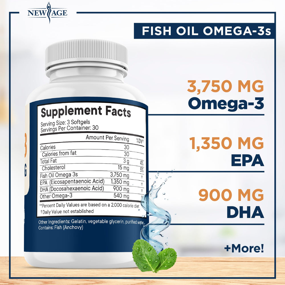 NEW AGE Omega 3 softgels closeup — high EPA and DHA support daily wellness.