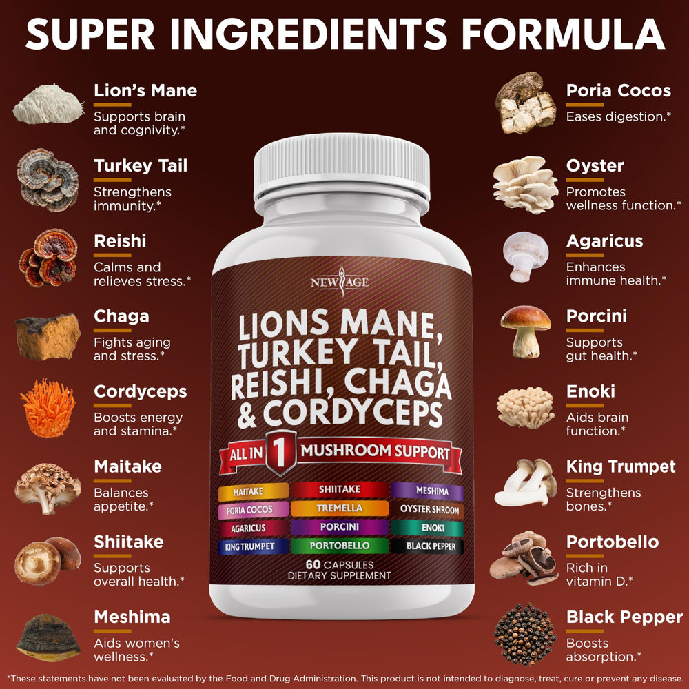 NEW AGE turkey tail capsules close-up suggests everyday immune-support potential.