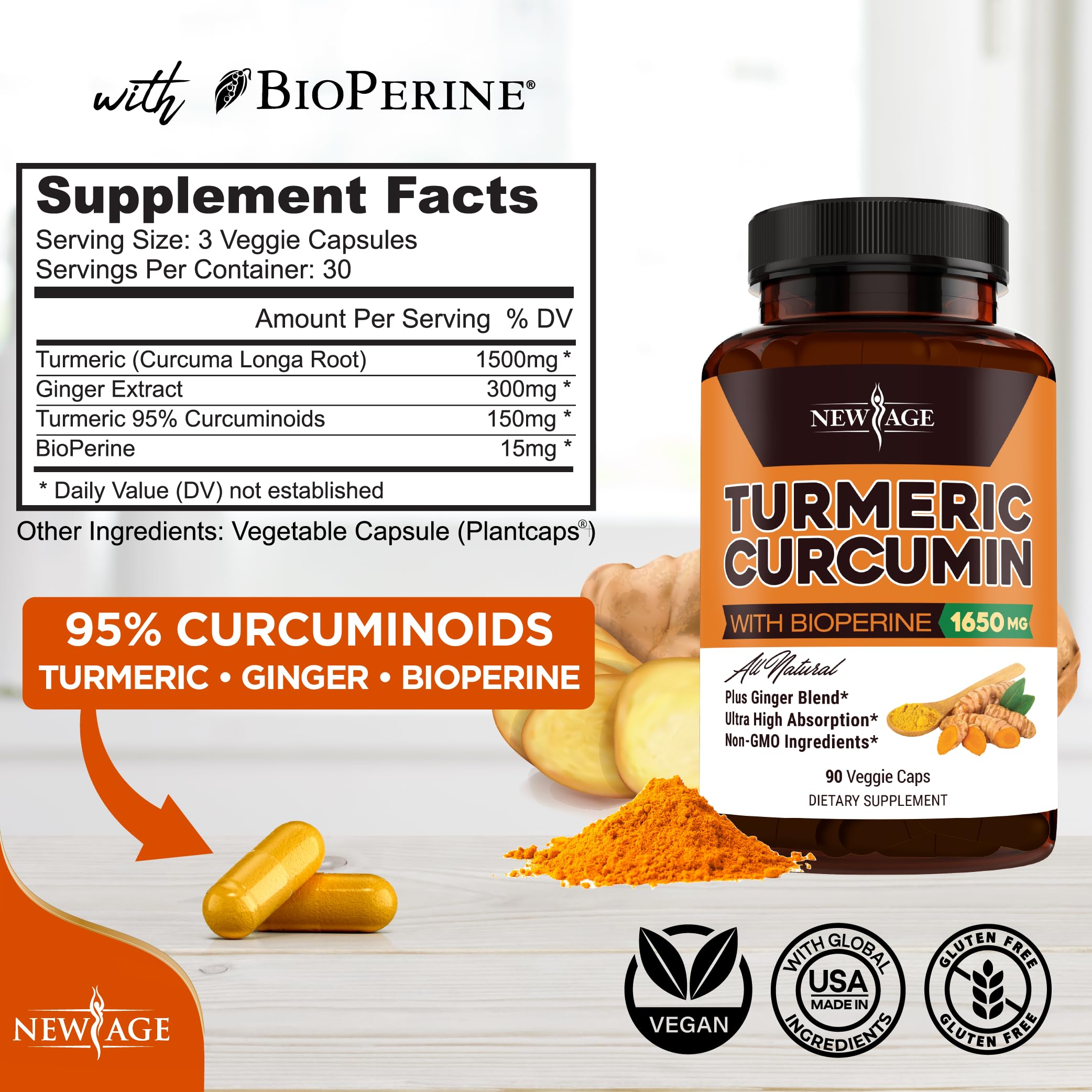 Close-up of New Age Turmeric Curcumin Capsules label with non-GMO and gluten-free details.