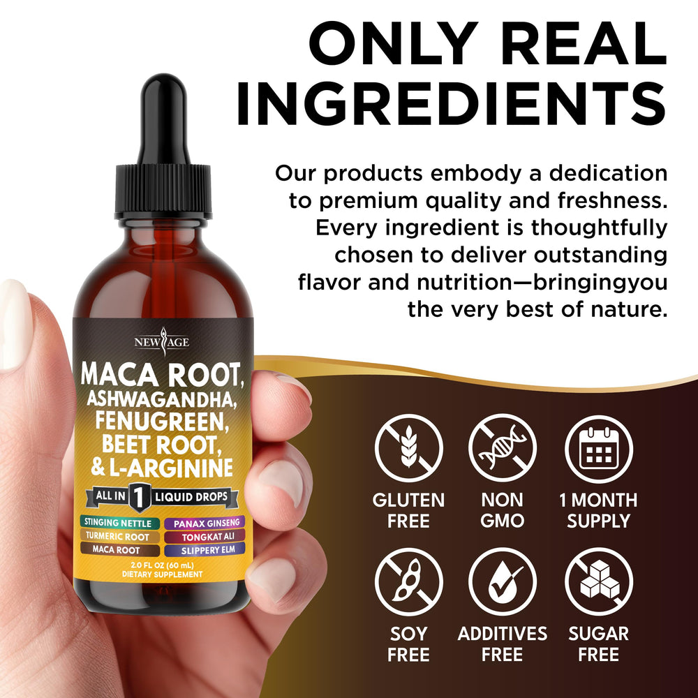 NEW AGE label shows USA-made, non-GMO, third-party tested quality.