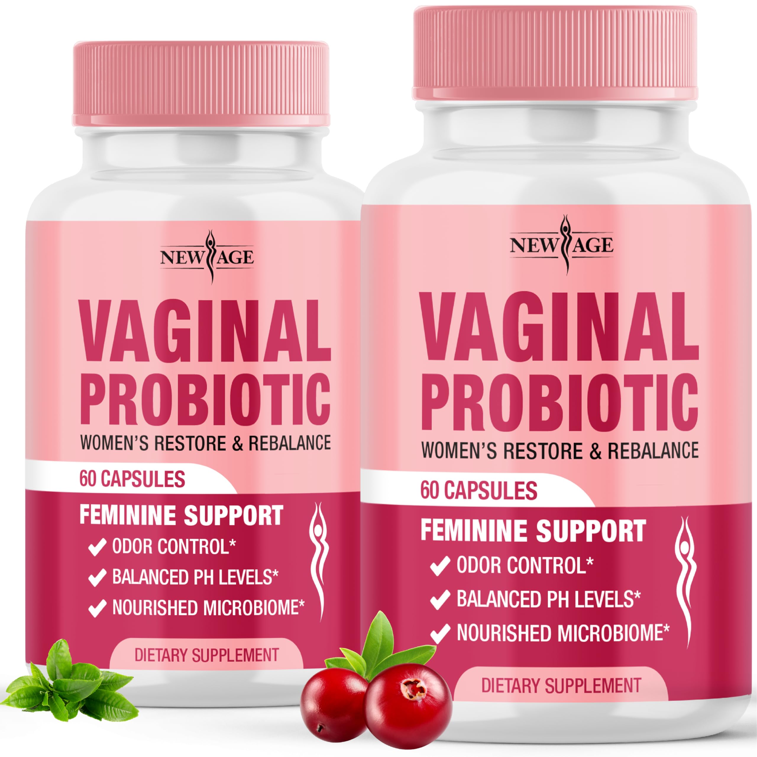 New Age Vaginal Probiotics bottle front supports daily pH balance.