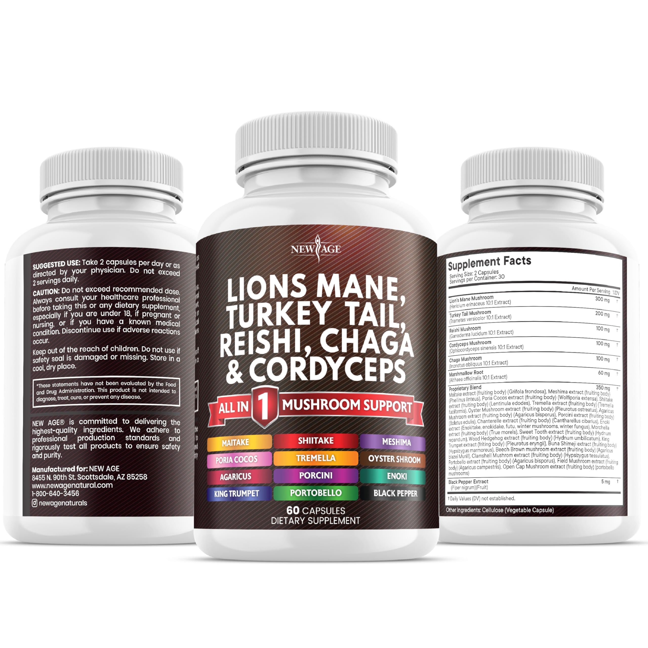 NEW AGE vegetarian capsules highlight plant-based mushroom complex.