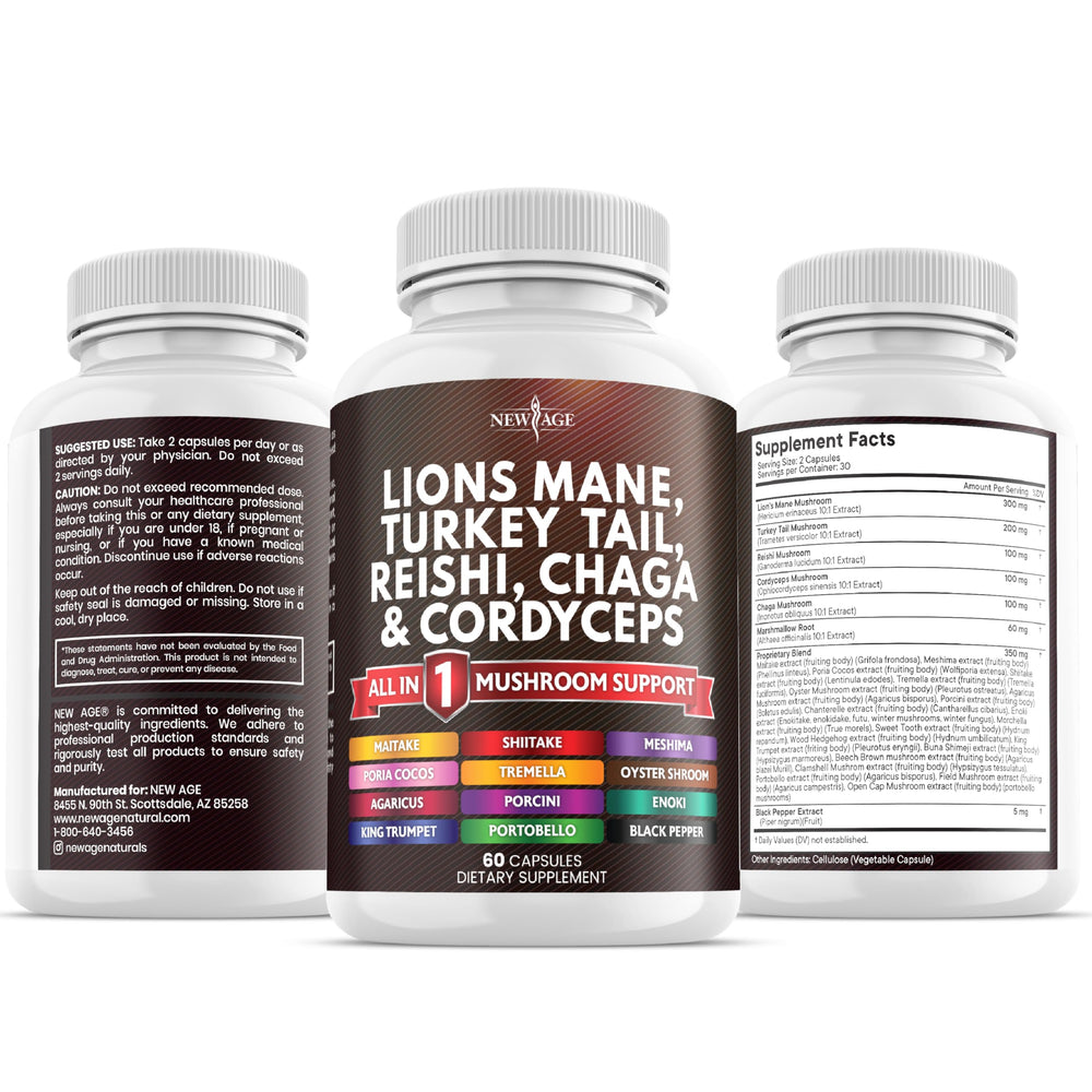 NEW AGE vegetarian capsules highlight plant-based mushroom complex.