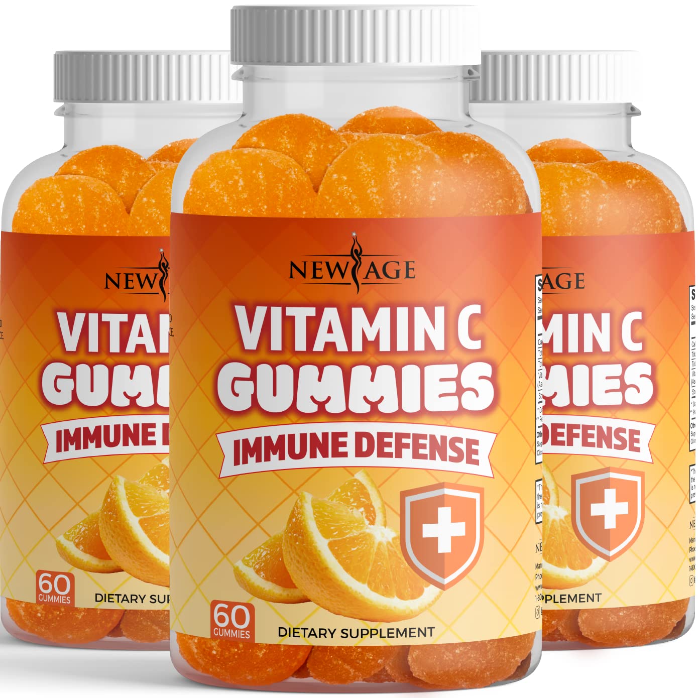 NEW AGE Vitamin C Gummies Orange bottle, gluten-free and vegetarian, ideal for daily immune support.